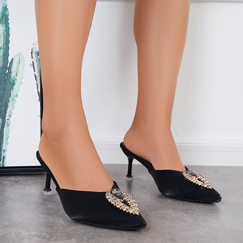 Rhinestone Kitten Heel Dress Mules Pointy Toe Slip on Backless Pumps