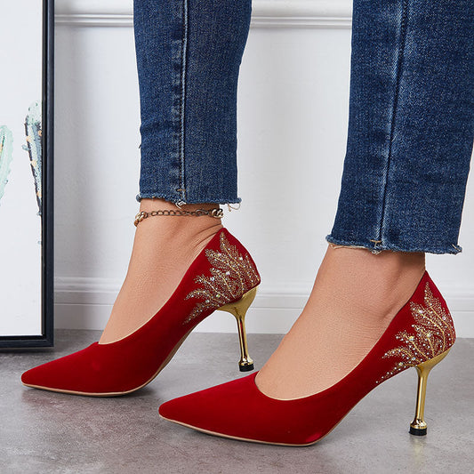 Women Red Stiletto High Heels Embroidered Pointed Toe Pumps Party Dress Shoes