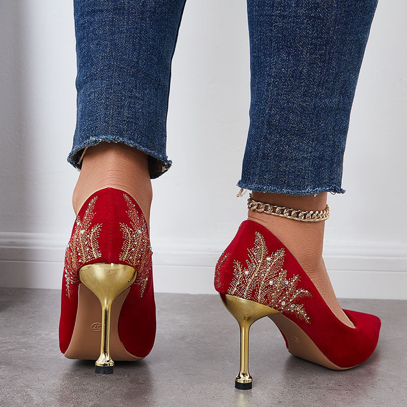 Women Red Stiletto High Heels Embroidered Pointed Toe Pumps Party Dress Shoes