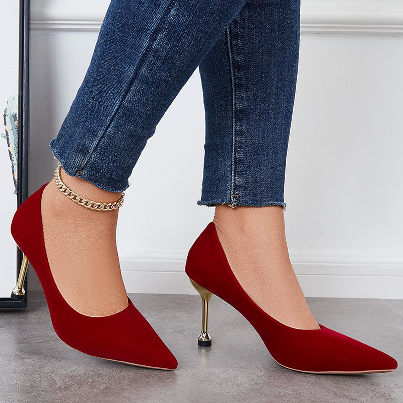 Women Red Pointed Toe Metal Heel Slip On Dress Pumps Shoes Party Heels