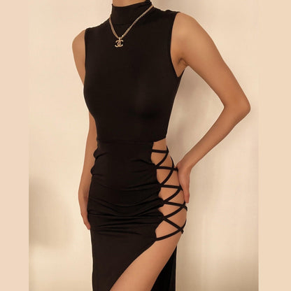 Hollow Out Lace Up High Neck Dress