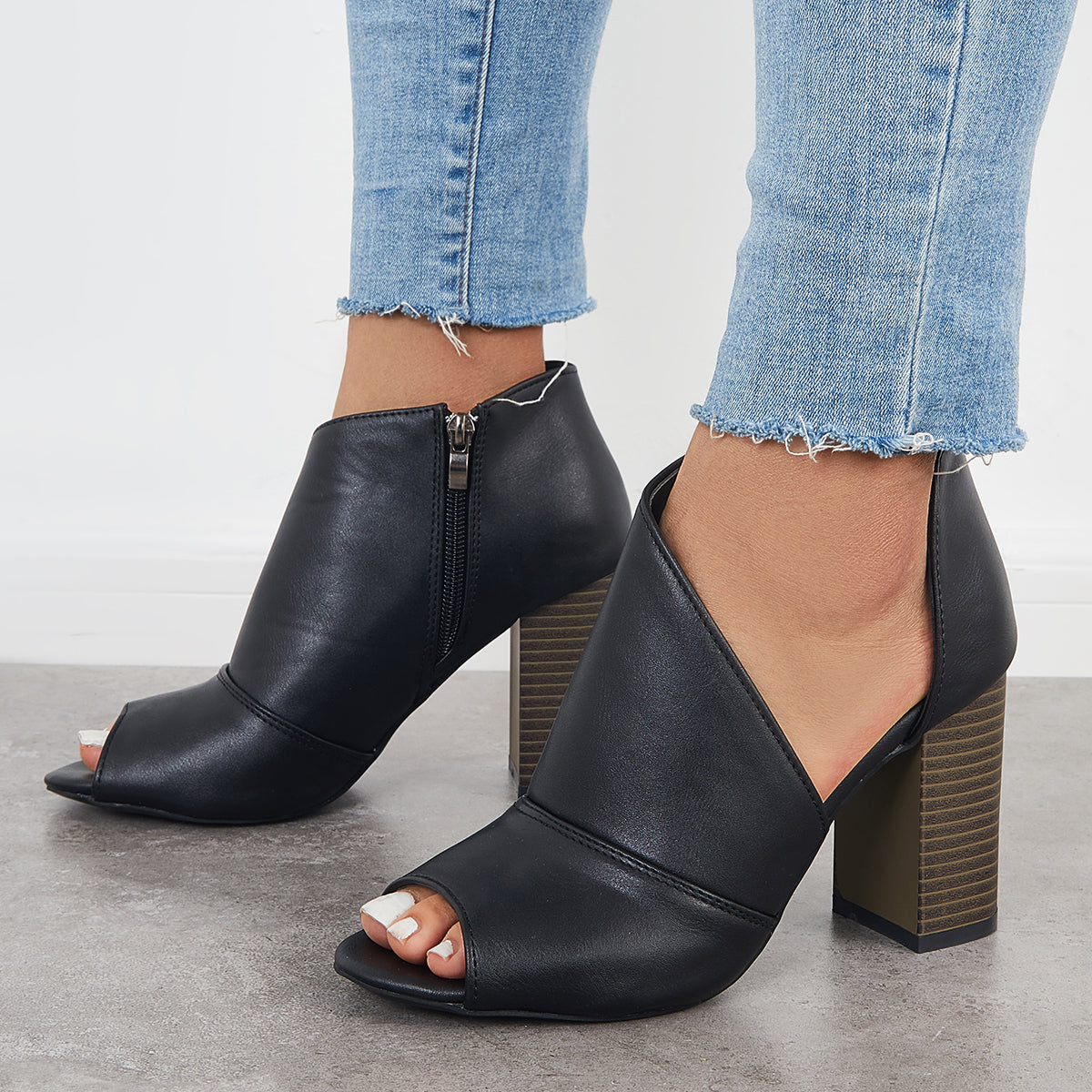 Black Cut Out Peep Toe Pumps Chunky Block Heel Ankle Boots