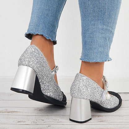 Shiny Mary Jane Pumps Chunky Block Heel Dress Shoes