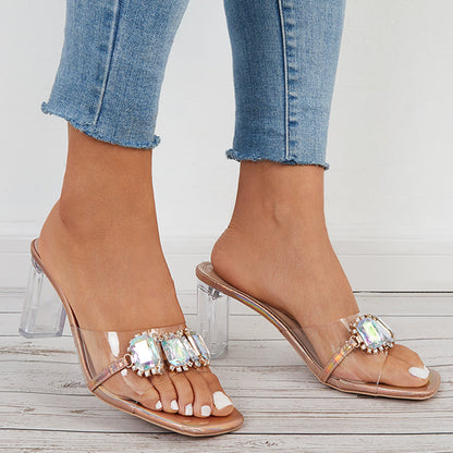 Rhinestone Clear Chunky Heels Square Toe Slide Mule Sandals