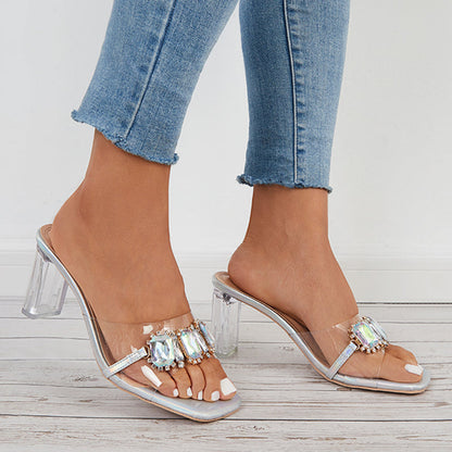 Rhinestone Clear Chunky Heels Square Toe Slide Mule Sandals