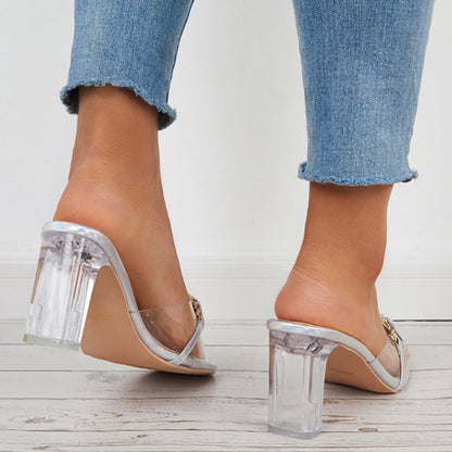 Rhinestone Clear Chunky Heels Square Toe Slide Mule Sandals