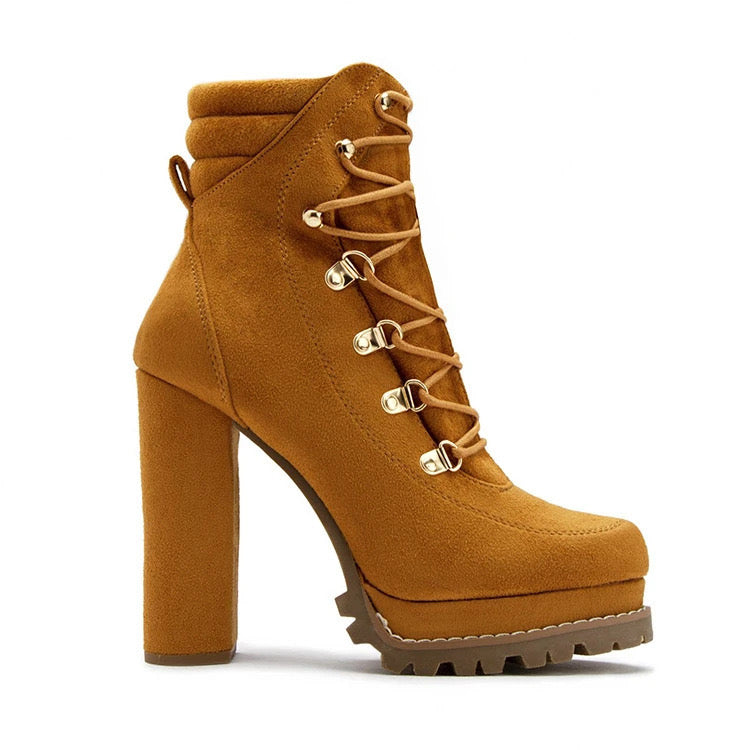 Non Slip Chunky Platform High Heels Lace Up Ankle Boots