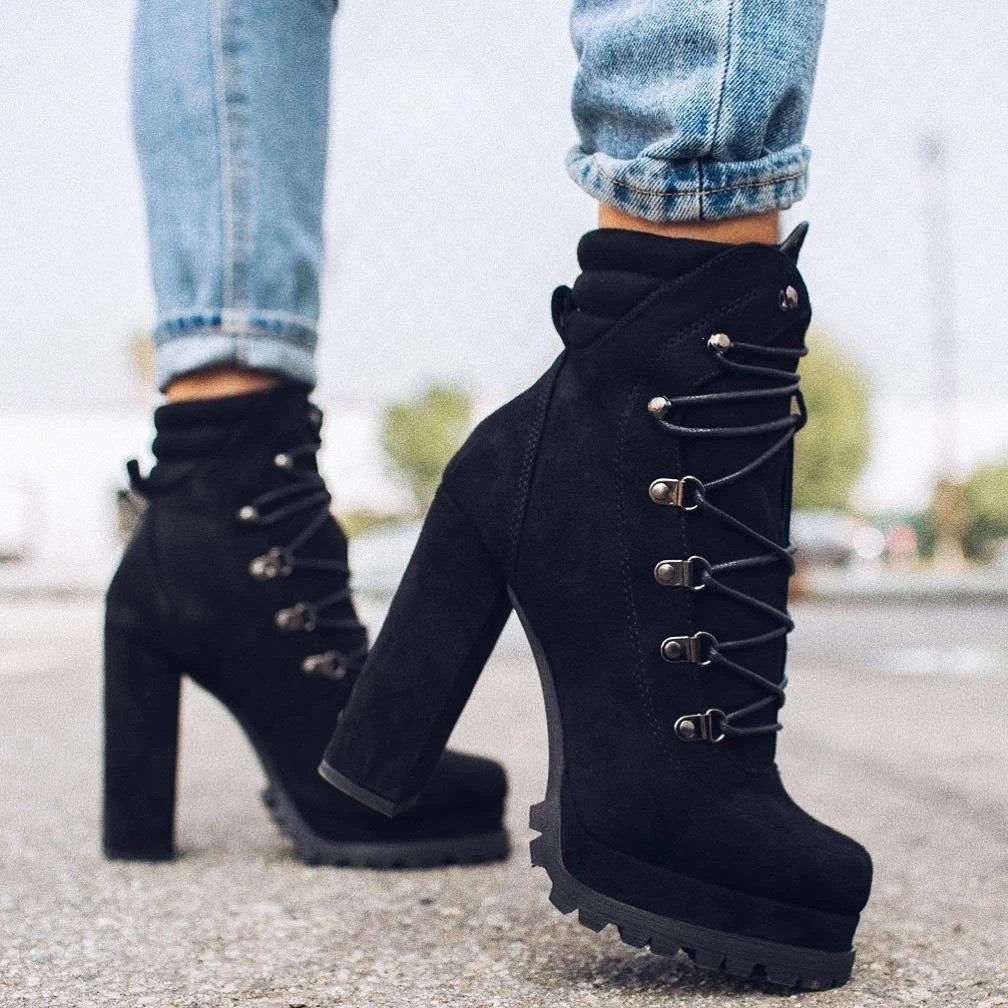 Non Slip Chunky Platform High Heels Lace Up Ankle Boots