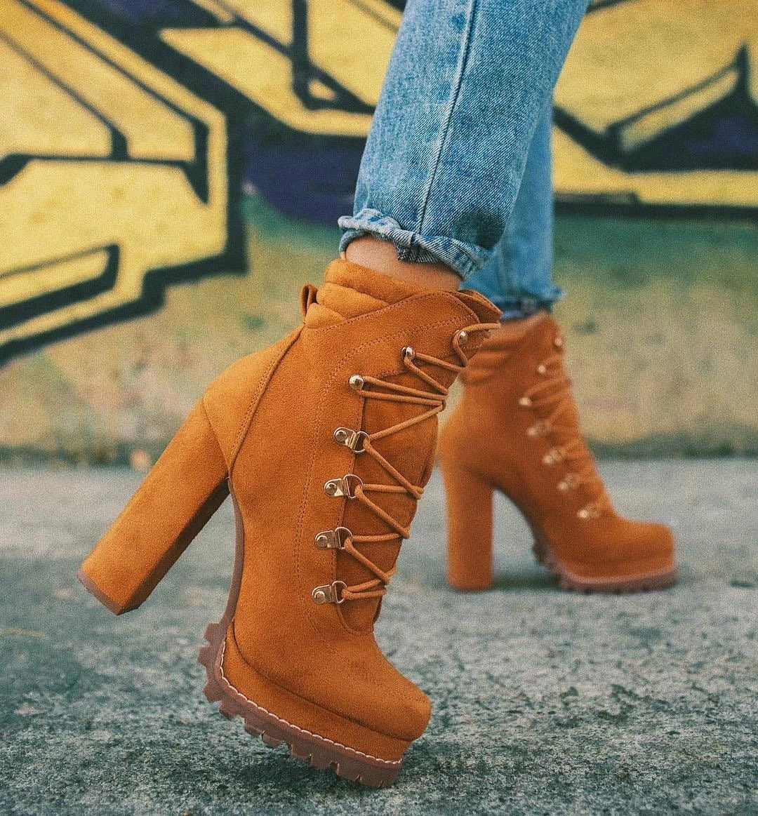 Non Slip Chunky Platform High Heels Lace Up Ankle Boots