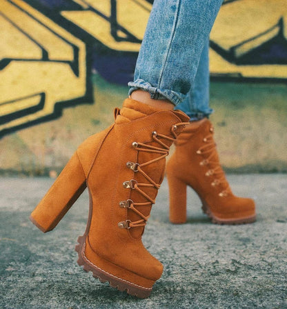 Non Slip Chunky Platform High Heels Lace Up Ankle Boots