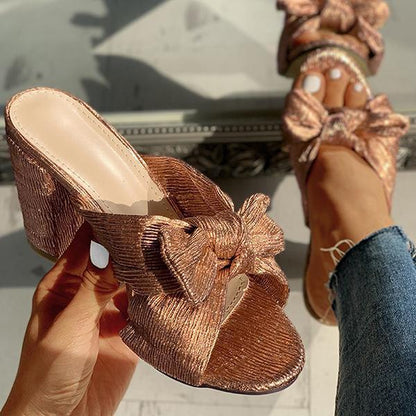 Women's Summer Golden Slippers Bowknot Design Chunky Heeled Sandals