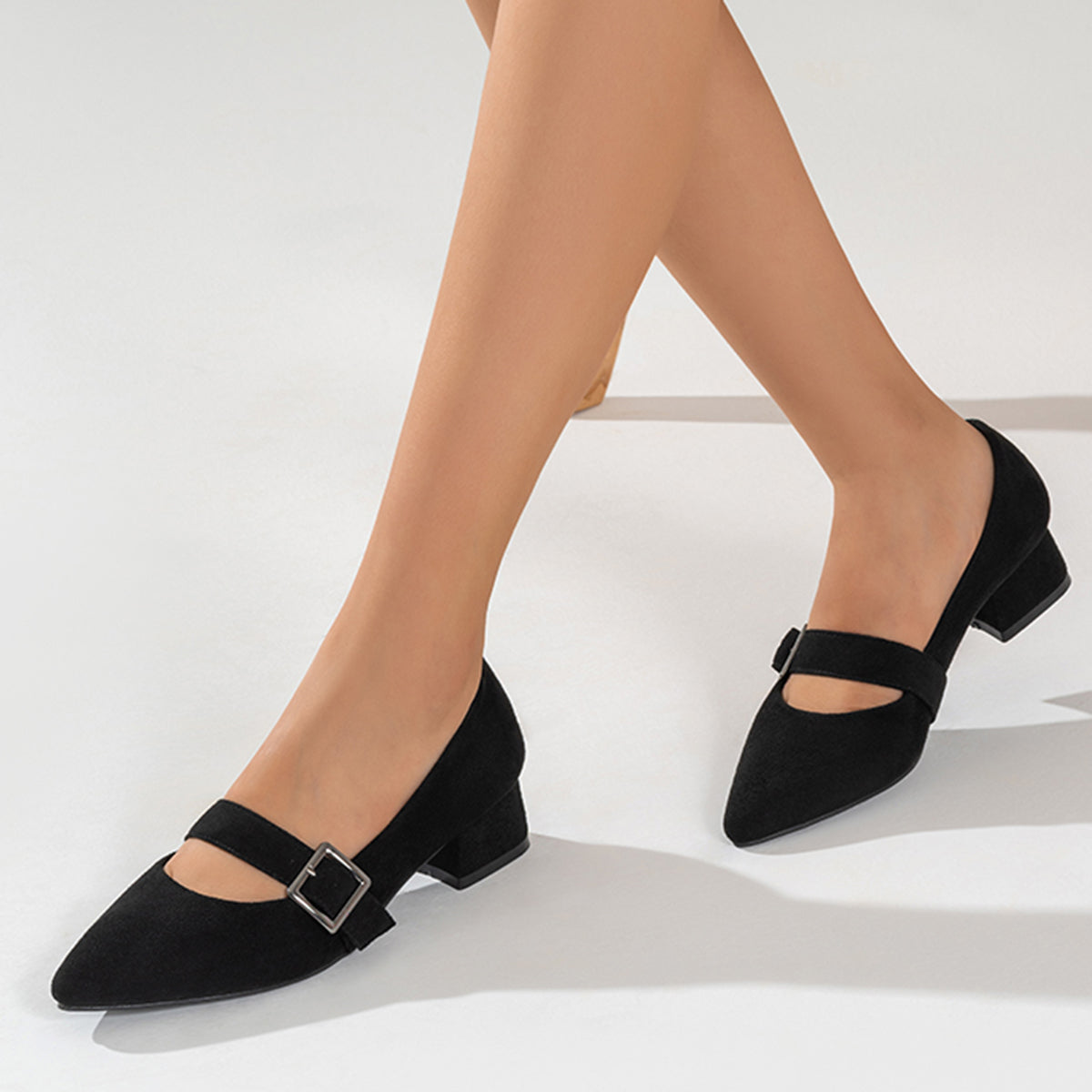 Woemn Black Mary Jane Dress Shoes Pointy Toe Low Block Heel Pumps