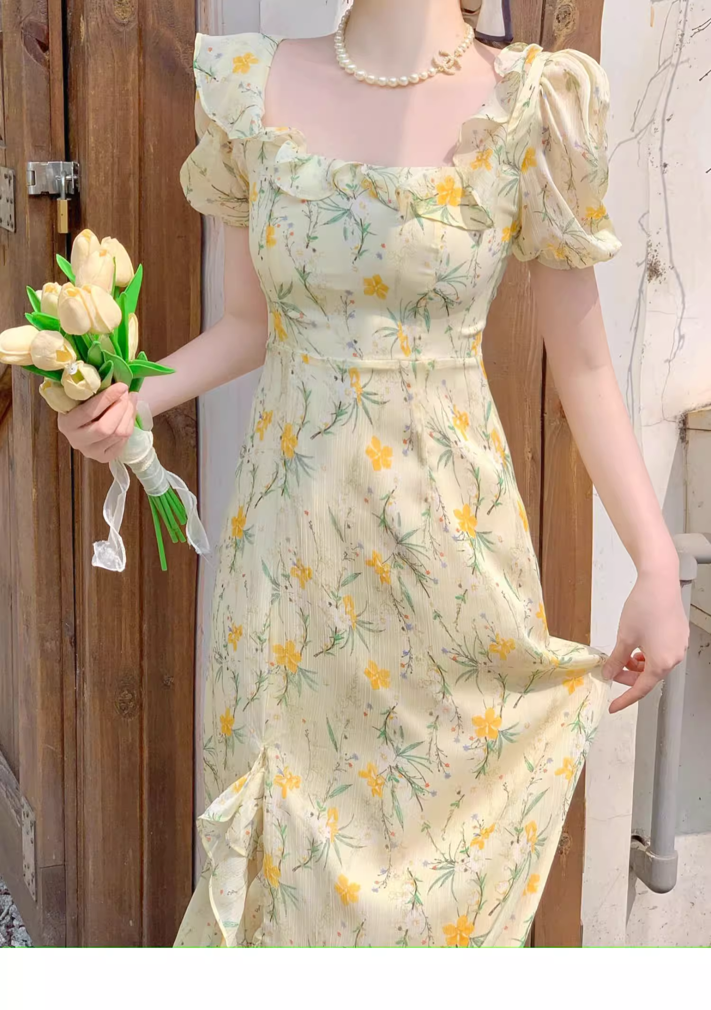 Beach Vacation Yellow Floral Puff Sleeve Dress for Women Summer   HOT1132