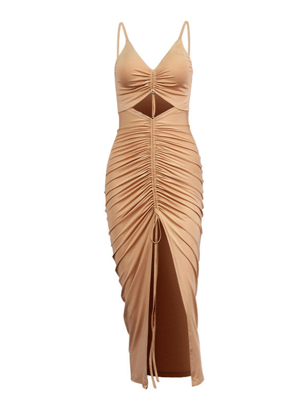 Ruched Cutout Slit Midi Dress