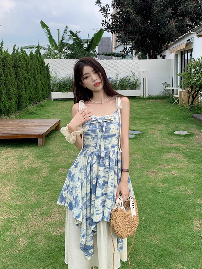 Oil Painting Floral Suspender Dress Women's Summer Stitching Fake Two Piece Skirt HOT1190