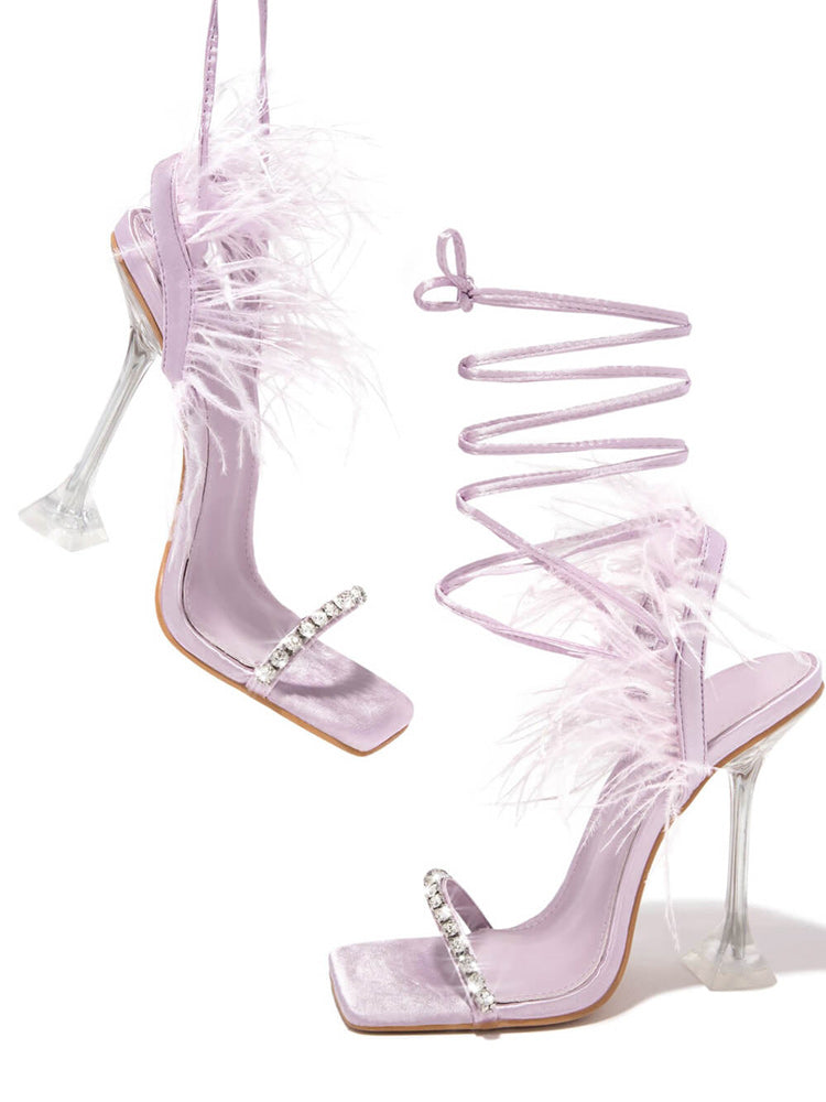 Rhinestone Feather Lace-up Square Toe Sandals