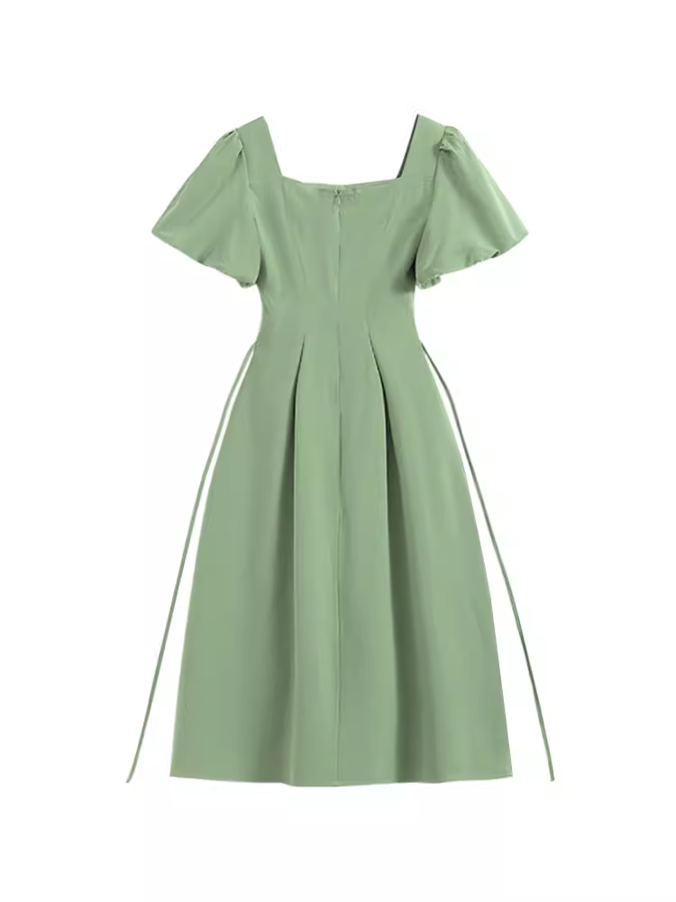 Green Square Neck Bow Dress HOT1553