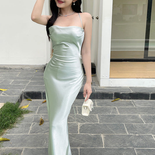 binfenxie-shop prom dresses Diagonal Cut Crystal Satin Backless Sling Dress Strap Sexy Slim Dress