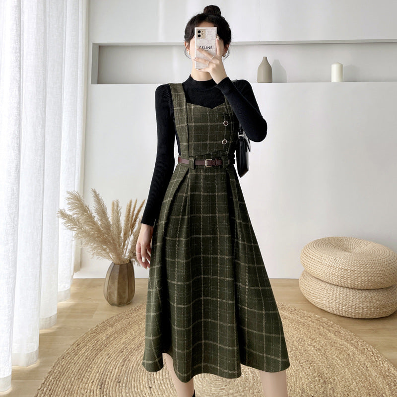 binfenxie-shop witch dress to impress New Vintage Plaid Woolen Vest Camisole Dress Women's Small Preppy Style Dress