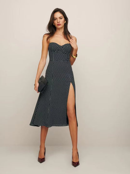 binfenxie-shop summer outfits inspo Sexy Side Slit Slim High Waist Sling Midi Dress Summer French Retro V-neck Polka Dot Print Dress Women