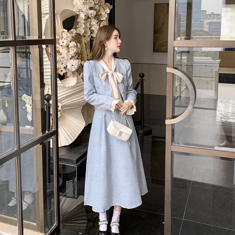 binfenxie-shop work outfits women French Style Chanel Style Elegant Socialite Western Style Blue Dress Two-Piece Suit New Women's Autumn