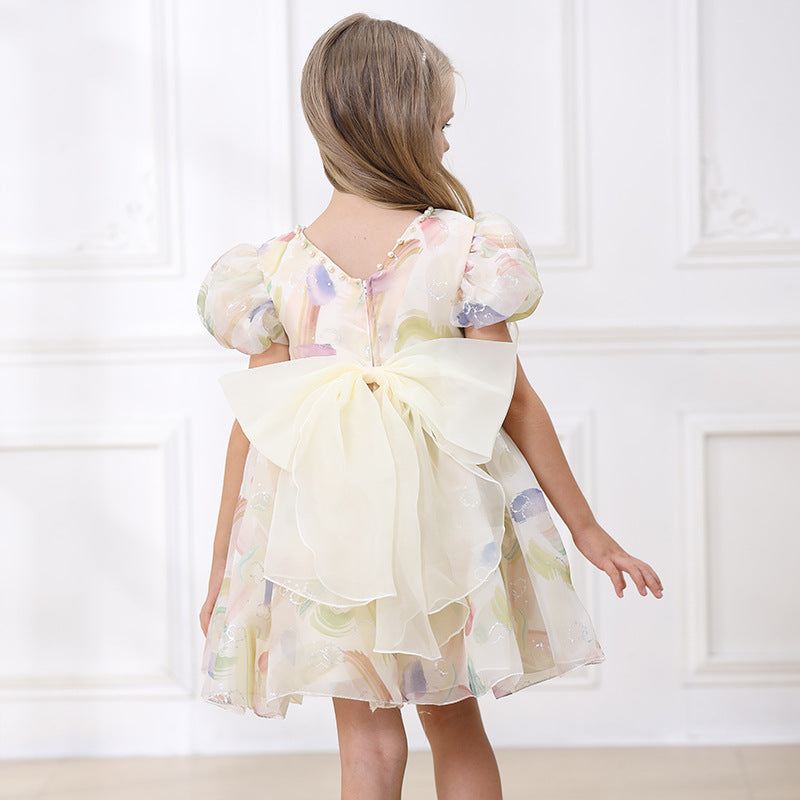 Factory Direct Sales Puff Sleeve Bow Girls Dress Summer Baby Full-Year Birthday Banquet Girls Princess Dress