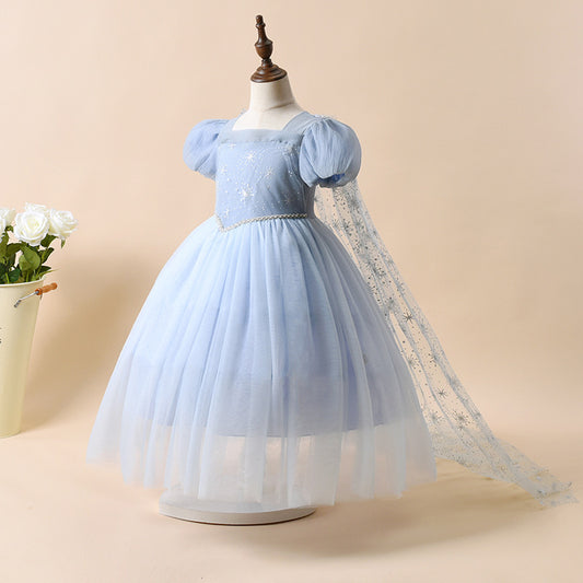 New Ice Princess Children's Full Dress Short Sleeve Mesh Performance Girl Dress Elsa Cloak Girl Princess Dress