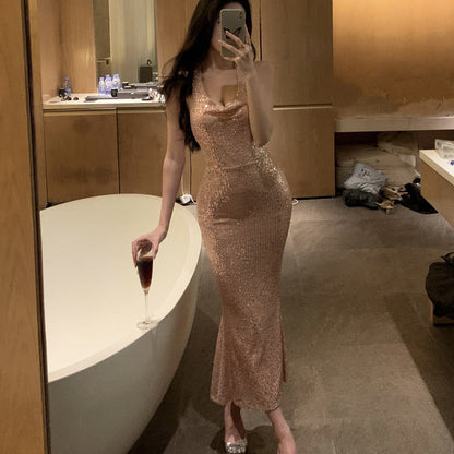 binfenxie-shop pink dress Champagne Shiny Sequined Swing Collar Light Yarn Dress for Women 2024 Summer Sexy Backless Sheath Dress