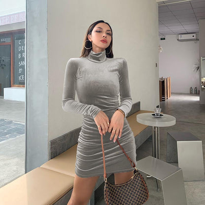 binfenxie-shop New Dress Women's Autumn and Winter Women's Clothing Long Sleeve Sexy Slim Fit Hot Girl Shrink Fold Suede