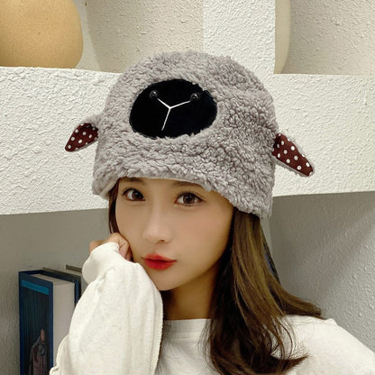 binfenxie-shop lolíta fashion dress to impress Hat Female Winter Cute Cartoon Lamb Ears Fisherman Hat All-Match Warm Lamb Plush Ear Protection Basin Hat