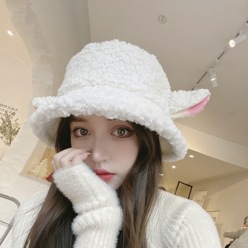 binfenxie-shop lolíta fashion dress to impress Hat Female Winter Cute Cartoon Lamb Ears Fisherman Hat All-Match Warm Lamb Plush Ear Protection Basin Hat