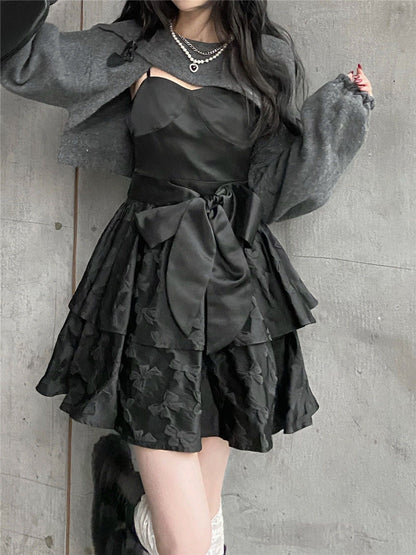 binfenxie-shop sexy outfit Sling Dress Women's Spring and Autumn New Sweet Cool Hot Girl Short Skirt Niche Design Black Fluffy Skirt 2024