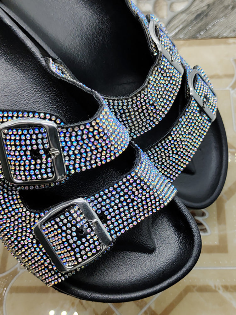 Rhinestone Twin Buckle Slippers