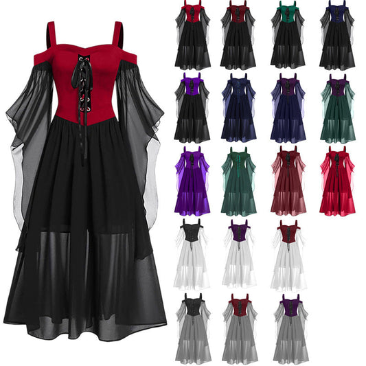 binfenxie dress to impress New Halloween Dress Sling Contrast Color Chiffon Bandage Dress