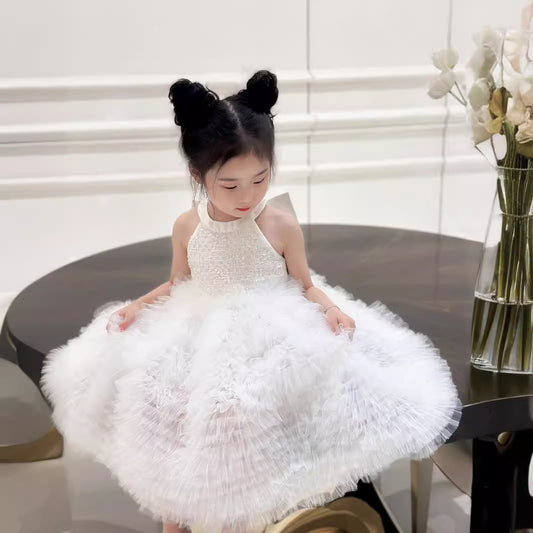 Popular Series Heavy Industry Oversized Skirt Cake Dress  New Girls Back Hollow Flower Girl Pettiskirt Dress