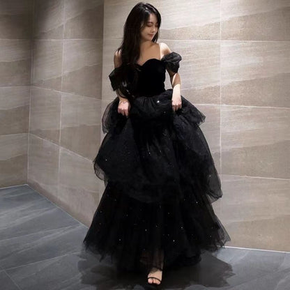 binfenxie prom dresses Black Evening Dress New Light Luxury Niche High-End off-Shoulder Adult Ceremony Birthday Graduation Princess Dress