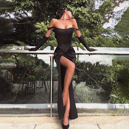 binfenxie-shop prom dresses Summer New Socialite Style Elegant Waist-Tight Twisted Split Satin Long Dress Women