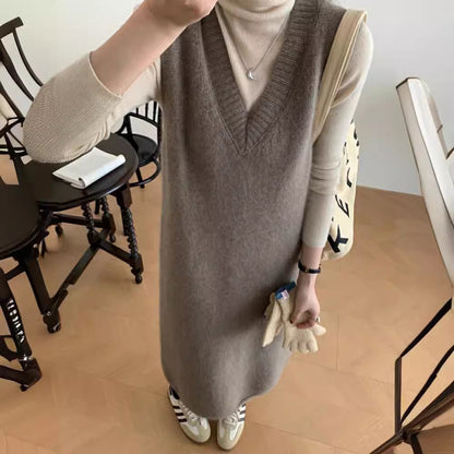 binfenxie-shop dress to impress outfits V-neck Long Vest Sleeveless Sweater Dress Women's Autumn and Winter Loose Belly Covering Temperament Mid-Length Knitted Skirt