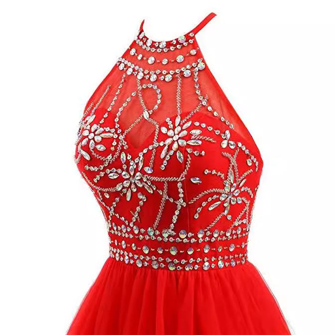 binfenxie-shop dresses Slim-Fit Small Dress Halter Short Bridal Wedding Dress Banquet Evening Dress Lace New Red Women