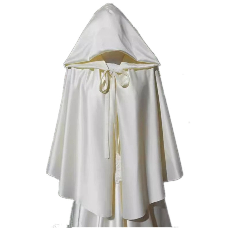 binfenxie-shop dresses Short Hooded Lace-up Thin Summer Cloak Unisex White Ivory Halloween Cosplay Cloak