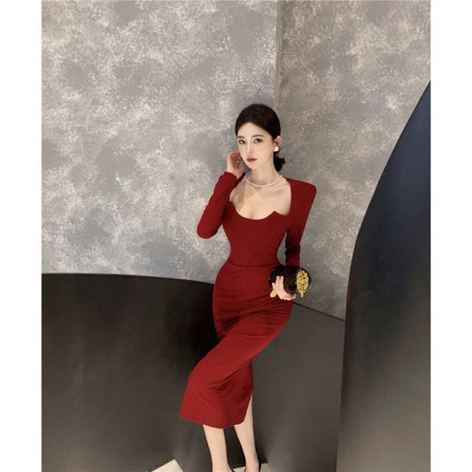 binfenxie-shop 2000s fashion Autumn and Winter New French Long Sleeve Dress Women's High-Grade Elegant Dress Slim Split Hip Skirt