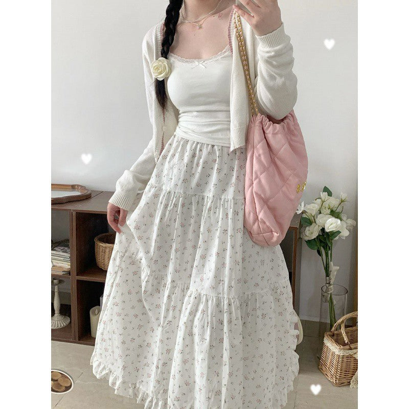 binfenxie 90s fashion Young-Looking Wooden Ear Small Fresh Floral Skirt Women's Japanese Soft Girl Niche Super Sweet Stitching Cake Dress