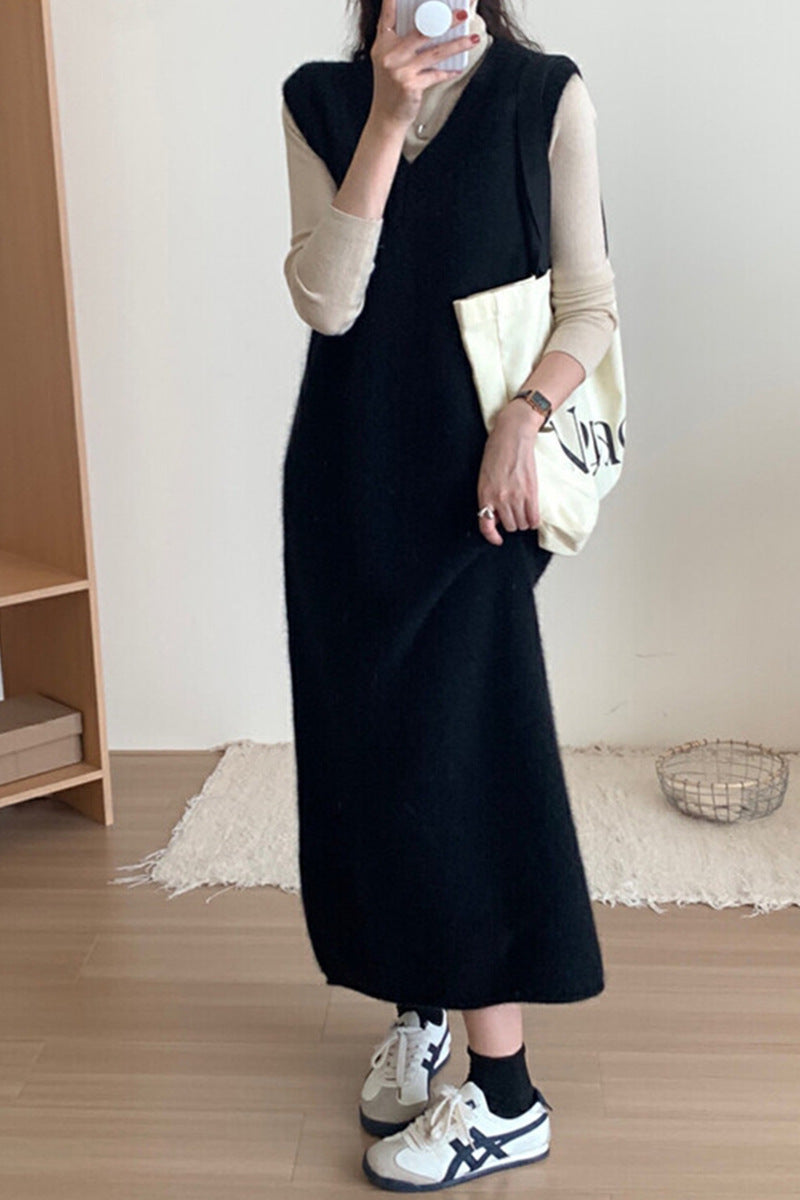 binfenxie-shop dress to impress outfits V-neck Long Vest Sleeveless Sweater Dress Women's Autumn and Winter Loose Belly Covering Temperament Mid-Length Knitted Skirt