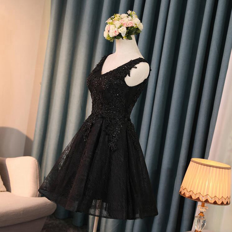 binfenxie-shop unique hoco dresses Black Evening Gown Prom Elegant Sleeveless Sequined Tulle Applique Annual Meeting Midi Dress Formal Dress for Women