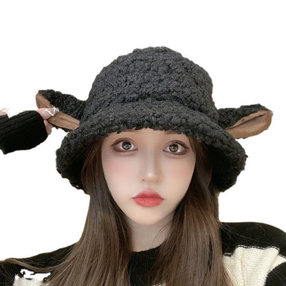 binfenxie-shop lolíta fashion dress to impress Hat Female Winter Cute Cartoon Lamb Ears Fisherman Hat All-Match Warm Lamb Plush Ear Protection Basin Hat