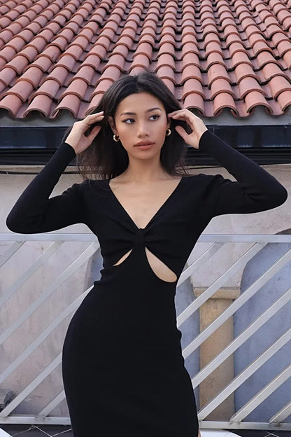 binfenxie-shop outfit inspo Hot Girl Spring and Autumn Sexy French Ins Slim-Fit Sheath Knitted Hollow Sweater Dress Deep V Twisted Split Dress