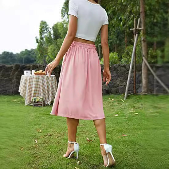 binfenxie-shop skirt outfits Spring and Summer New Women's Button Skirt Casual Skirt Plastic Waist Princess Dress