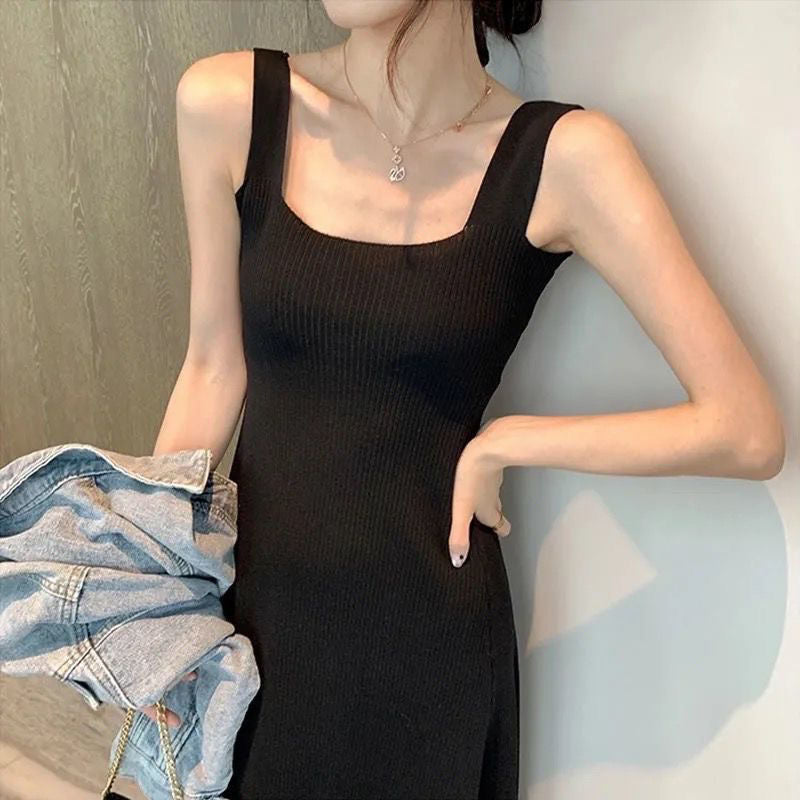 binfenxie-shop outfit inspo fall Black Suspender Skirt Bottoming Knitted Sling Dress Vest Skirt for Women New Slim Slimming Midi Dress