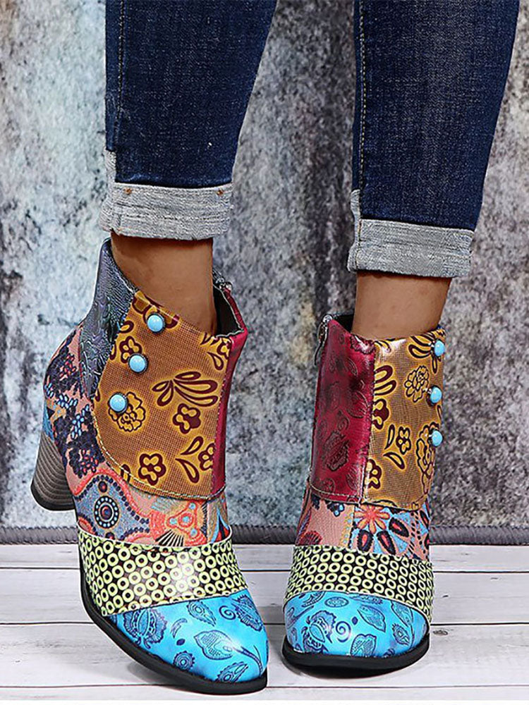 Leather Bohemian Stitching High Heel Shoes