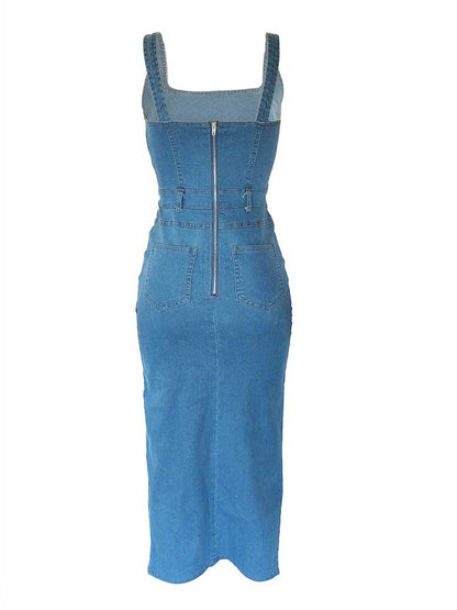 Split Zip Back Midi Denim Dress